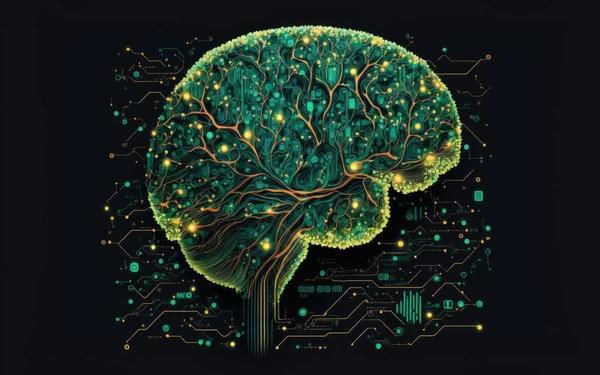 Illustration of a human brain drawn as glowing green circuit lines on a dark background